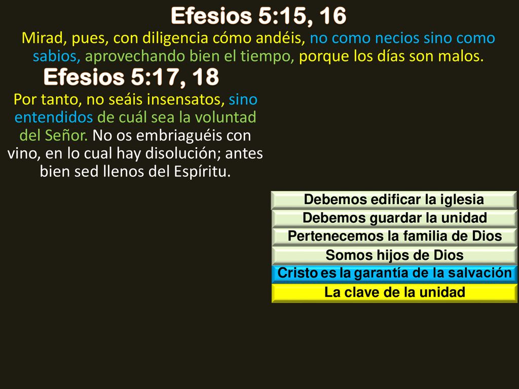 Efesios 5:15, 16 Mirad, pues, con diligencia cómo andéis, no como necios sino como sabios, aprovechando bien el tiempo, porque los días son malos.