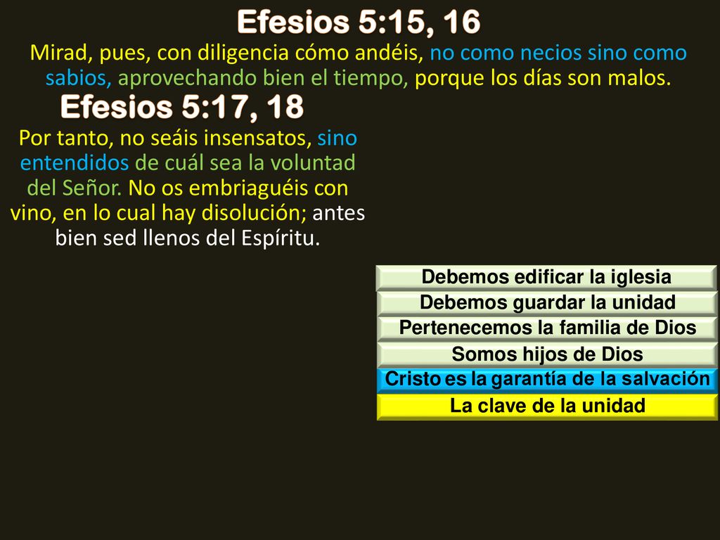 Efesios 5:15, 16 Mirad, pues, con diligencia cómo andéis, no como necios sino como sabios, aprovechando bien el tiempo, porque los días son malos.