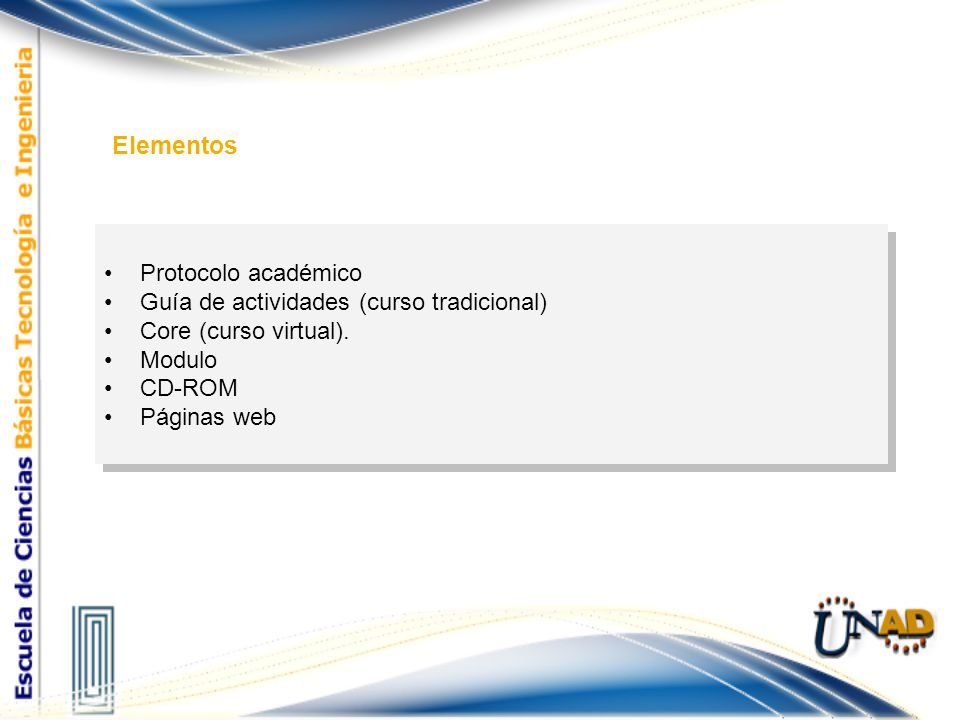 Elementos Protocolo académico Guía de actividades (curso tradicional)