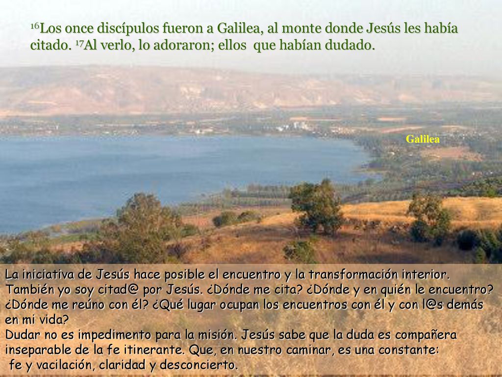 16Los once discípulos fueron a Galilea, al monte donde Jesús les había citado. 17Al verlo, lo adoraron; ellos que habían dudado.