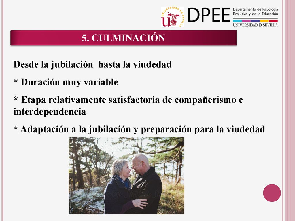 5. CULMINACIÓN Desde la jubilación hasta la viudedad. * Duración muy variable.