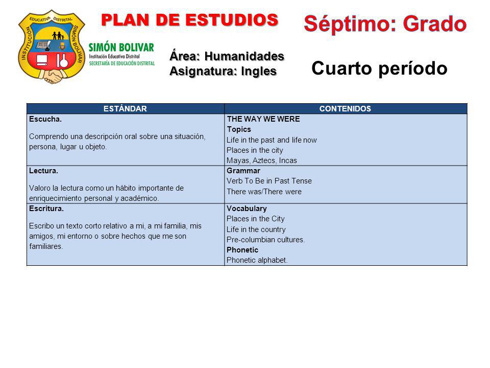 Séptimo: Grado Cuarto período PLAN DE ESTUDIOS Área: Humanidades