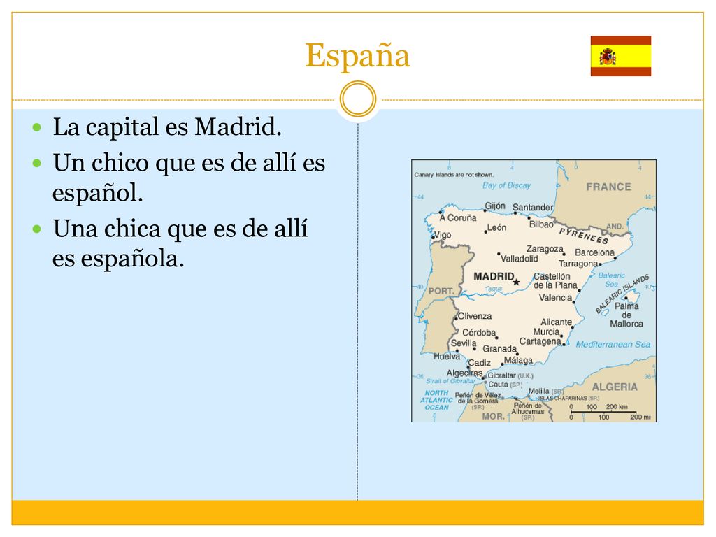 España La capital es Madrid. Un chico que es de allí es español.
