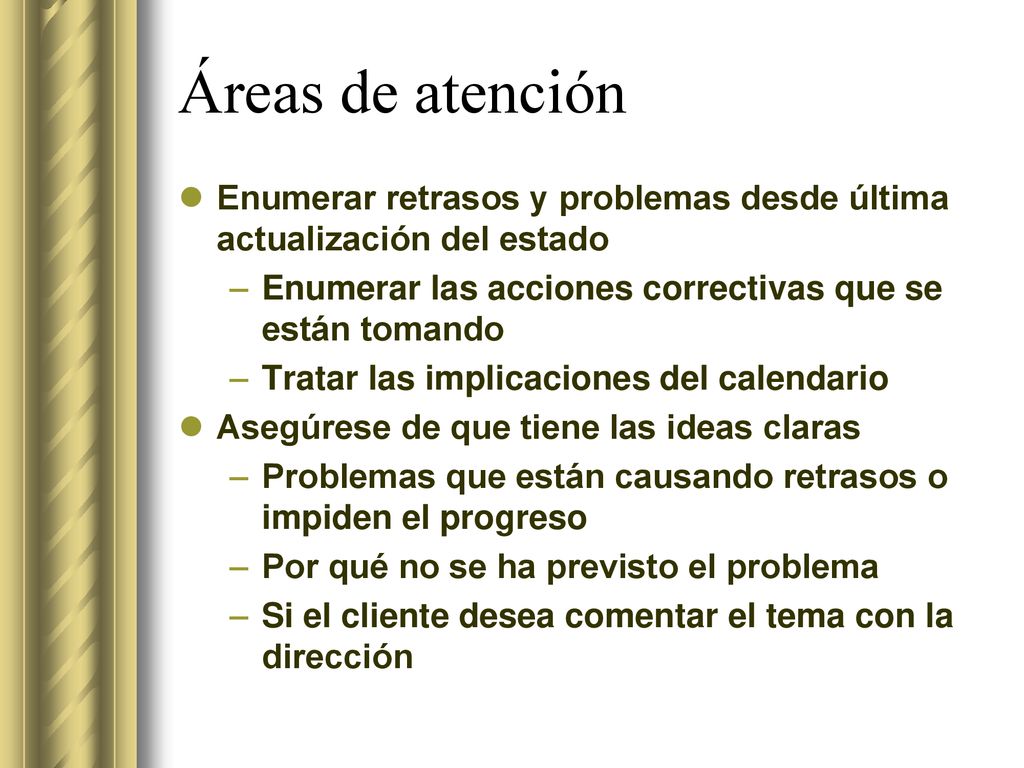 Áreas de atención Enumerar retrasos y problemas desde última actualización del estado. Enumerar las acciones correctivas que se están tomando.