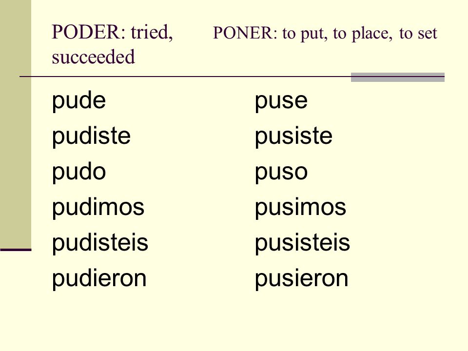 PODER: tried, PONER: to put, to place, to set succeeded