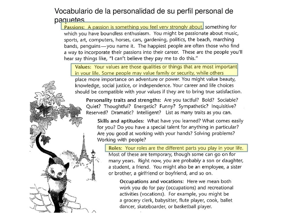 Vocabulario de la personalidad de su perfil personal de paquetes