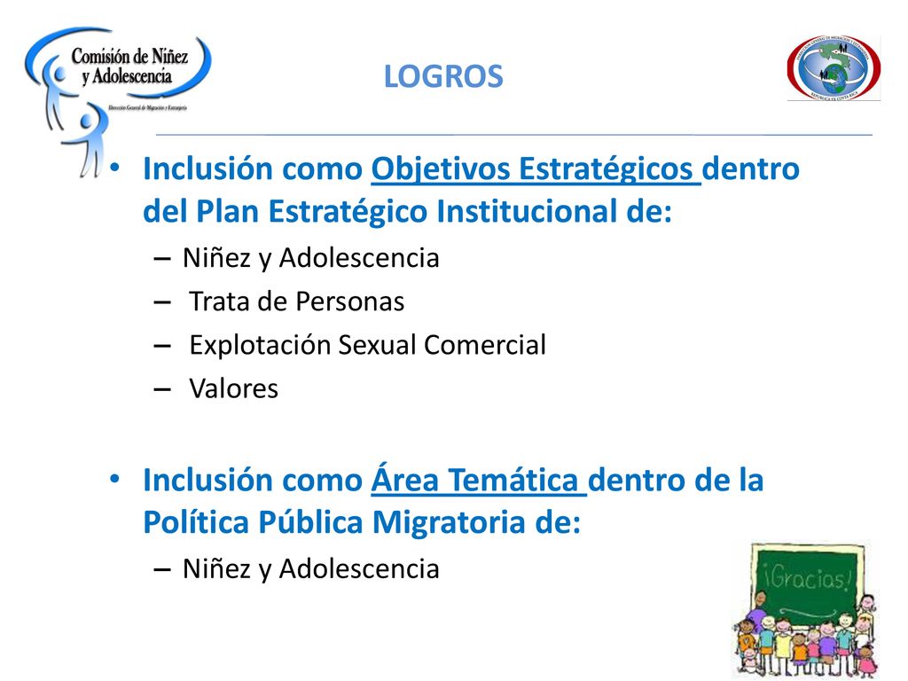 LOGROS Inclusión como Objetivos Estratégicos dentro del Plan Estratégico Institucional de: Niñez y Adolescencia.
