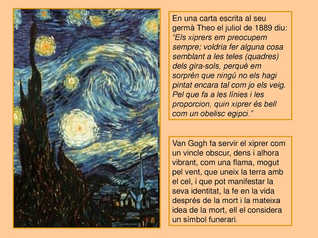 En una carta escrita al seu germà Theo el juliol de 1889 diu: Els xiprers em preocupem sempre; voldria fer alguna cosa semblant a les teles (quadres) dels gira-sols, perquè em sorprèn que ningú no els hagi pintat encara tal com jo els veig. Pel que fa a les línies i les proporcion, quin xiprer és bell com un obelisc egipci.