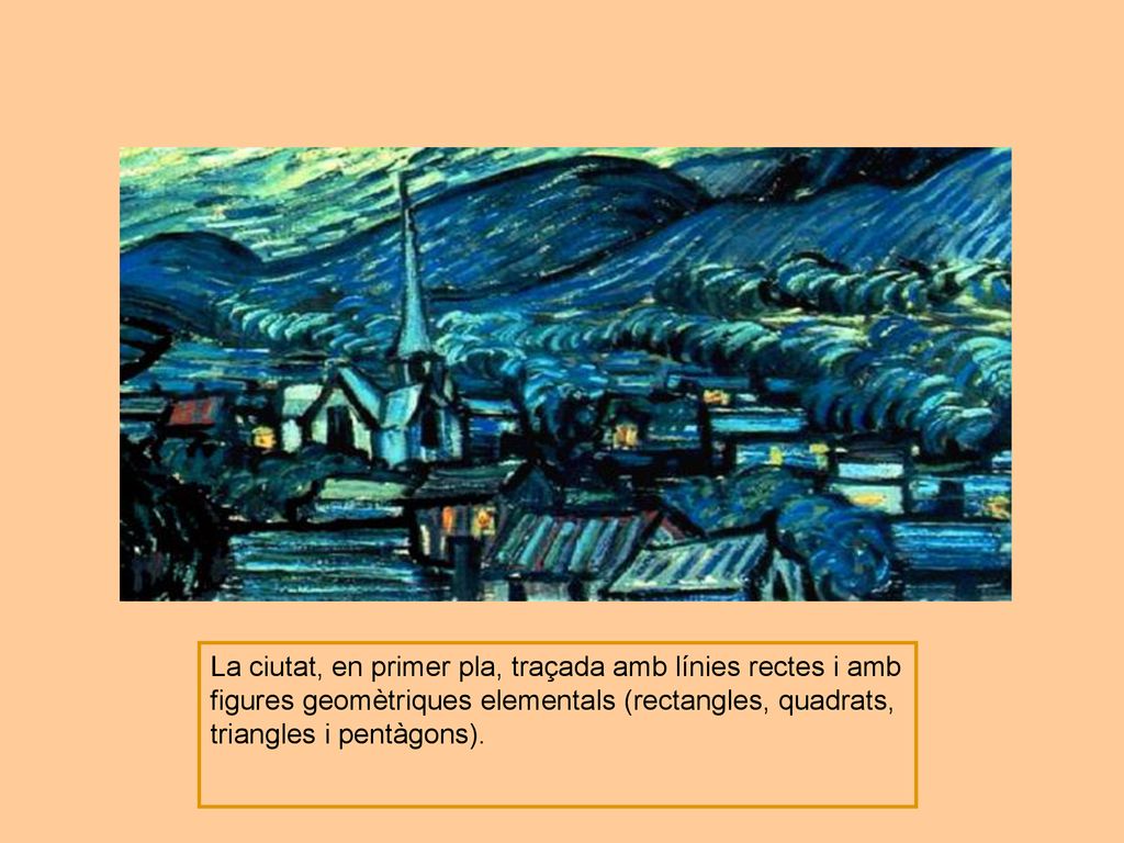 La ciutat, en primer pla, traçada amb línies rectes i amb figures geomètriques elementals (rectangles, quadrats, triangles i pentàgons).