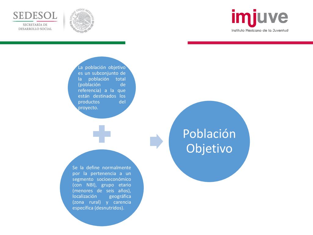 La población objetivo es un subconjunto de la población total (población de referencia) a la que están destinados los productos del proyecto.