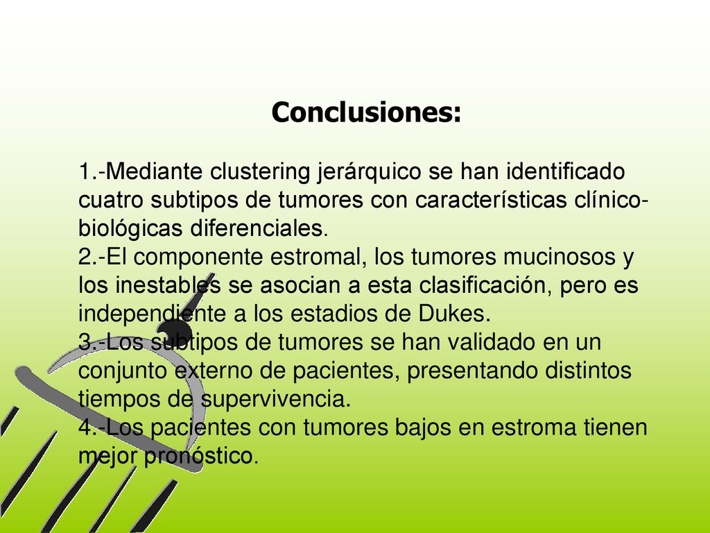 Conclusiones: 1.-Mediante clustering jerárquico se han identificado cuatro subtipos de tumores con características clínico-biológicas diferenciales.