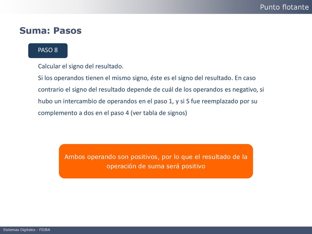 Suma: Pasos Punto flotante PASO 8 Calcular el signo del resultado.
