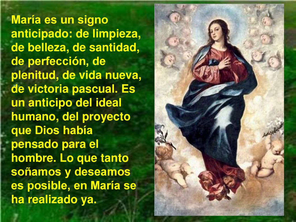 María es un signo anticipado: de limpieza, de belleza, de santidad, de perfección, de plenitud, de vida nueva, de victoria pascual.