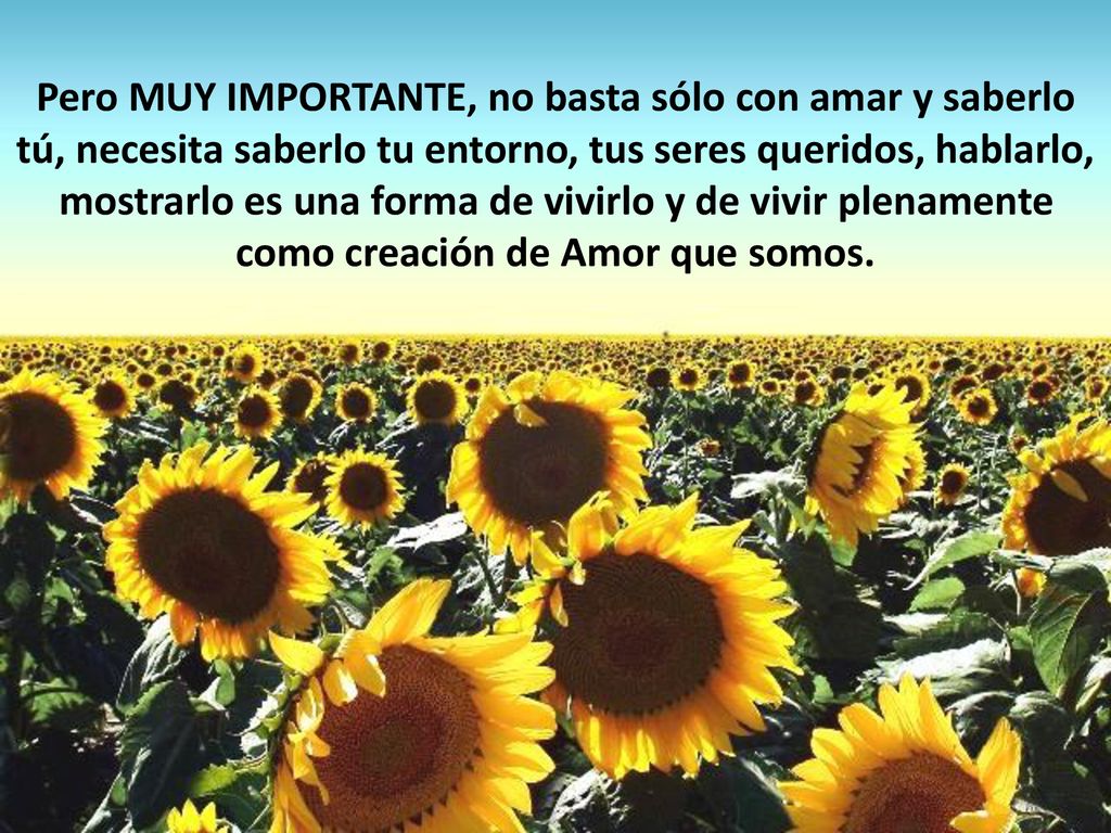 Pero MUY IMPORTANTE, no basta sólo con amar y saberlo tú, necesita saberlo tu entorno, tus seres queridos, hablarlo, mostrarlo es una forma de vivirlo y de vivir plenamente como creación de Amor que somos.