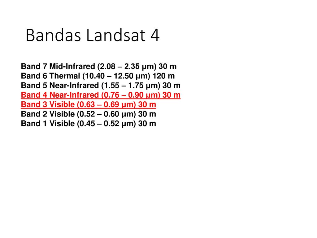 Bandas Landsat 4 Band 7 Mid-Infrared (2.08 – 2.35 μm) 30 m