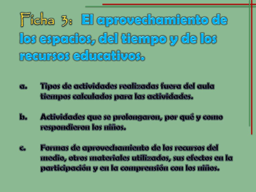 Ficha 3: El aprovechamiento de los espacios, del tiempo y de los recursos educativos.