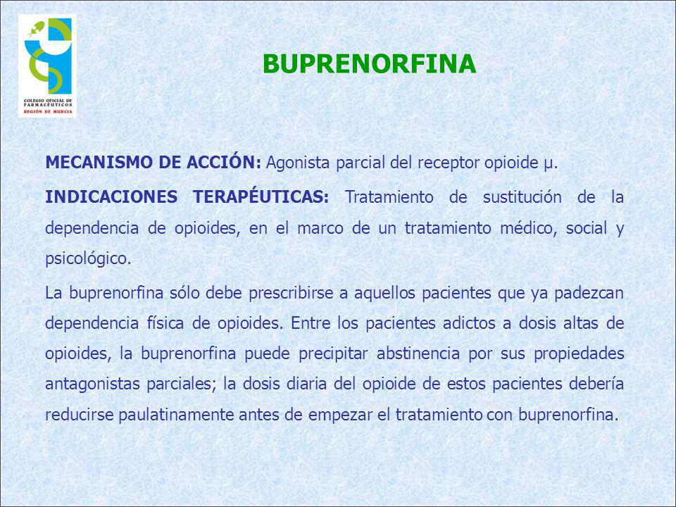 BUPRENORFINA MECANISMO DE ACCIÓN: Agonista parcial del receptor opioide µ.