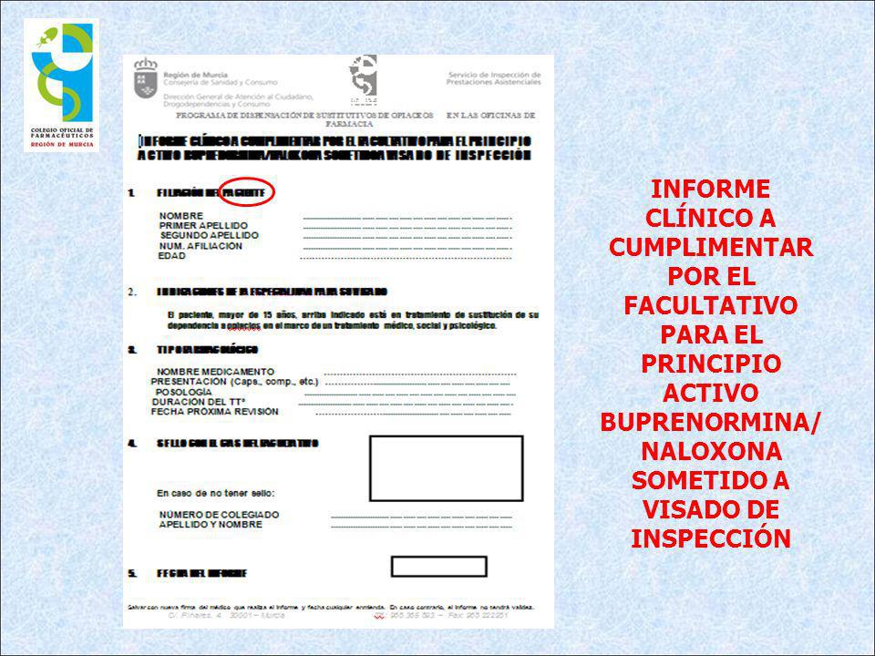 INFORME CLÍNICO A CUMPLIMENTAR POR EL FACULTATIVO PARA EL PRINCIPIO ACTIVO BUPRENORMINA/NALOXONA SOMETIDO A VISADO DE INSPECCIÓN