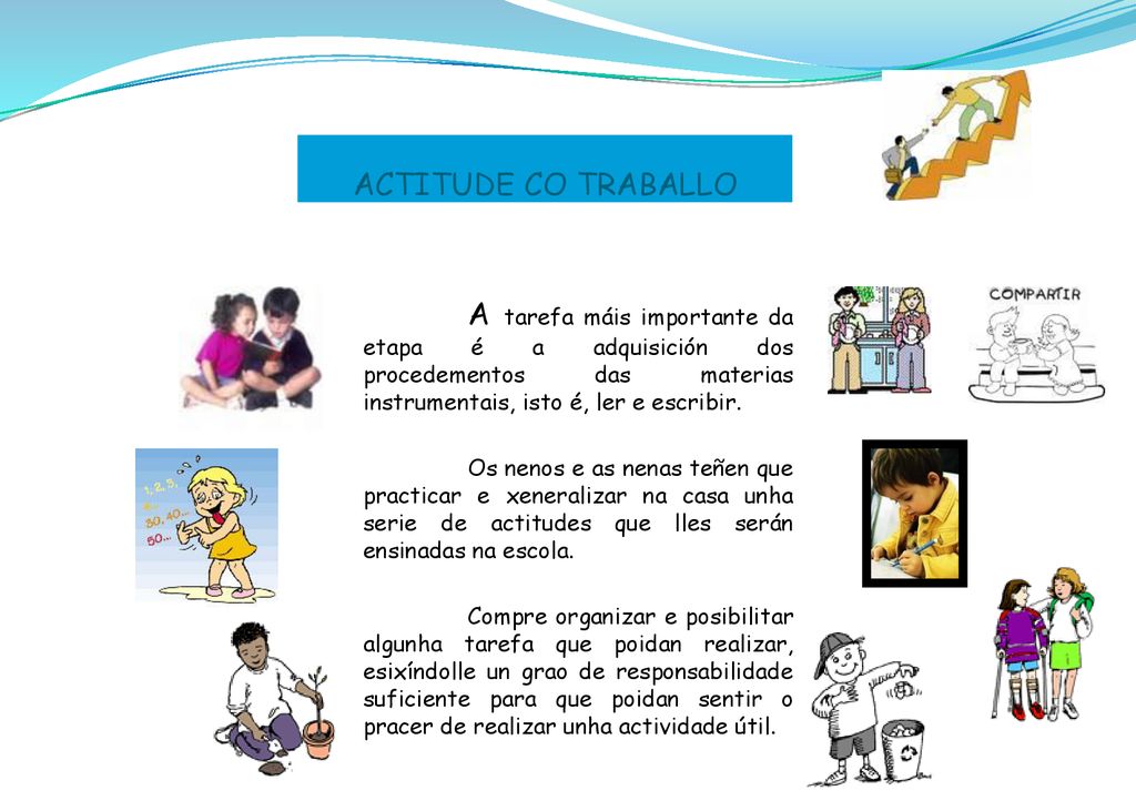 ACTITUDE CO TRABALLO A tarefa máis importante da etapa é a adquisición dos procedementos das materias instrumentais, isto é, ler e escribir.