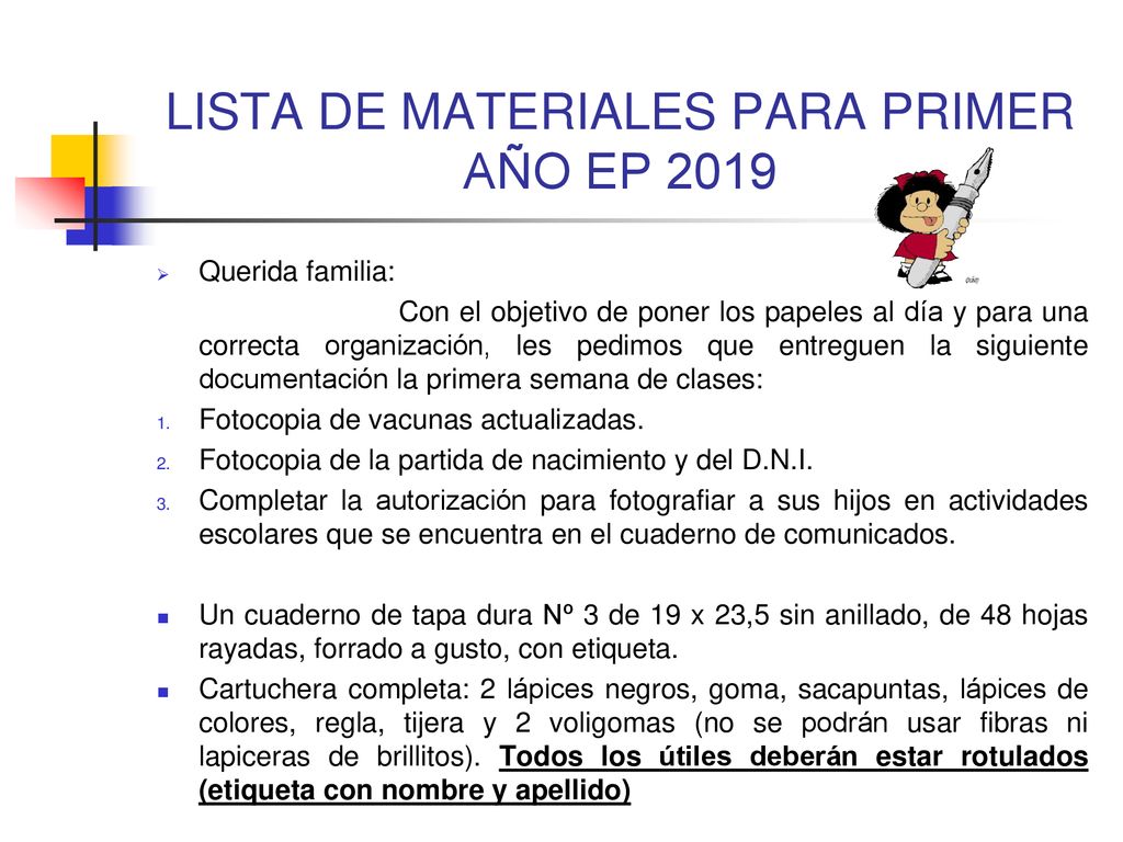 LISTA DE MATERIALES PARA PRIMER AÑO EP 2019
