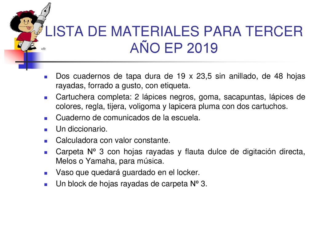 LISTA DE MATERIALES PARA TERCER AÑO EP 2019