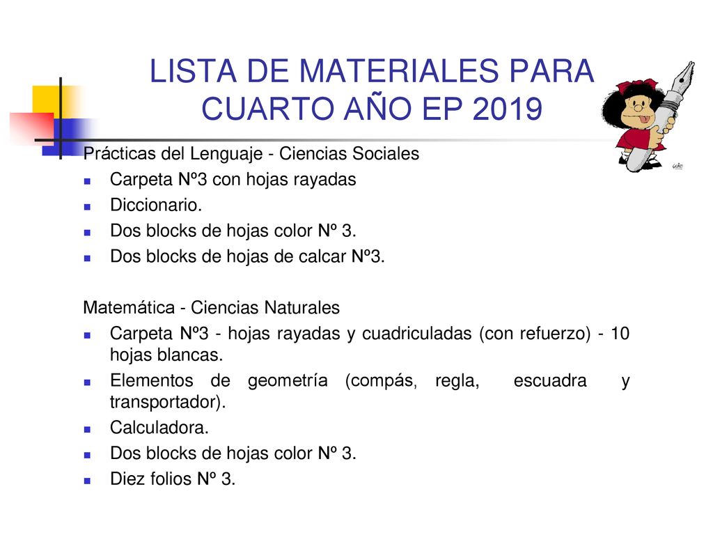 LISTA DE MATERIALES PARA CUARTO AÑO EP 2019