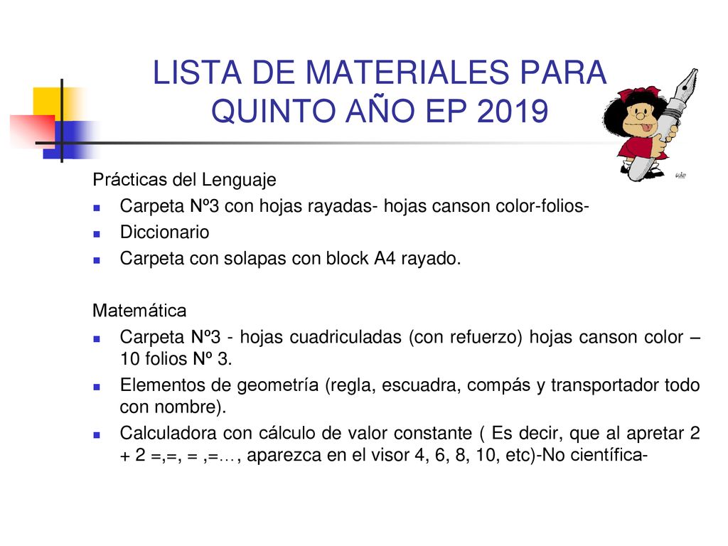 LISTA DE MATERIALES PARA QUINTO AÑO EP 2019