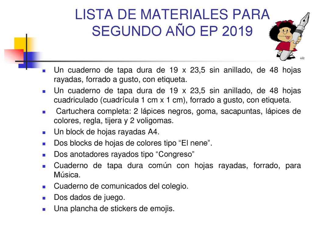 LISTA DE MATERIALES PARA SEGUNDO AÑO EP 2019