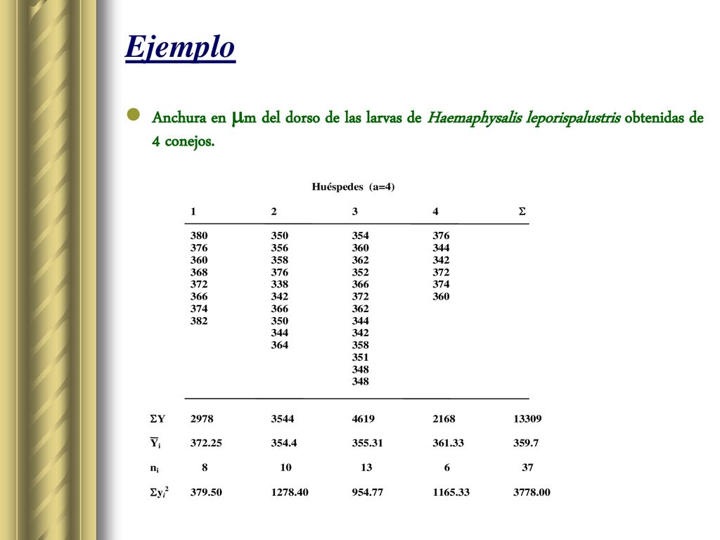 Ejemplo Anchura en m del dorso de las larvas de Haemaphysalis leporispalustris obtenidas de 4 conejos.