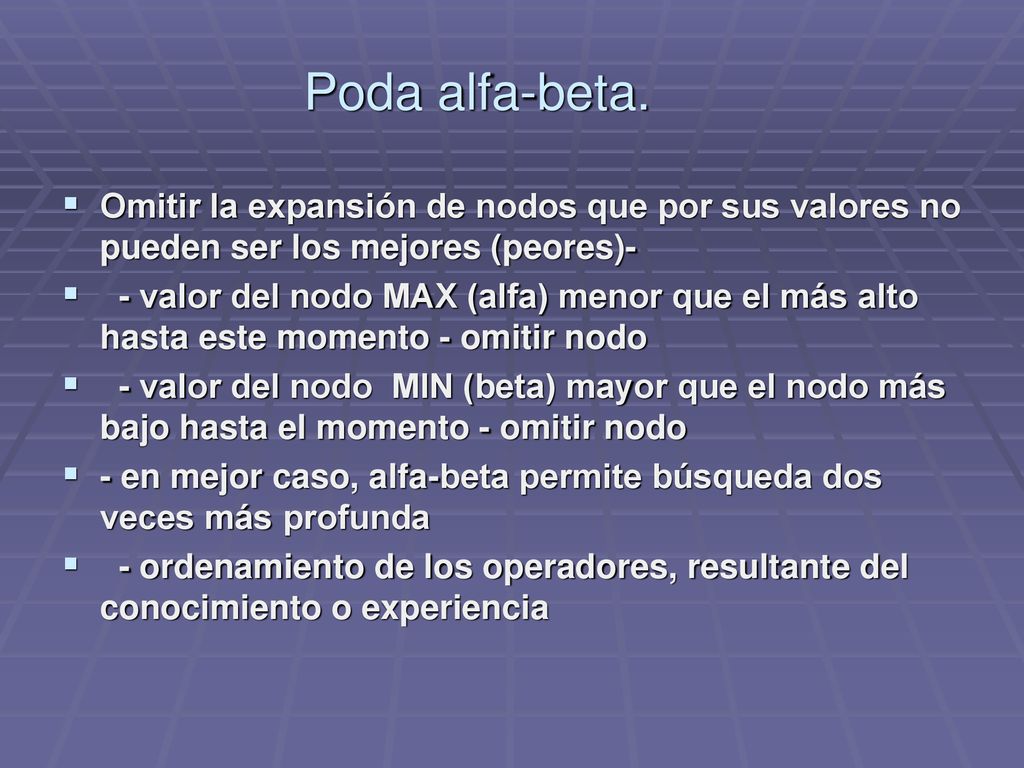 Poda alfa-beta. Omitir la expansión de nodos que por sus valores no pueden ser los mejores (peores)-