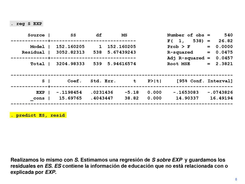 . reg S EXP Source | SS df MS Number of obs = 540.