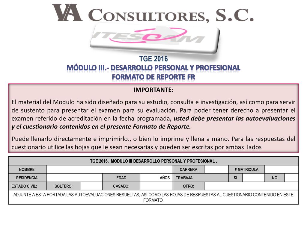 Módulo III.- DESARROLLO PERSONAL Y PROFESIONAL FORMATO DE REPORTE FR