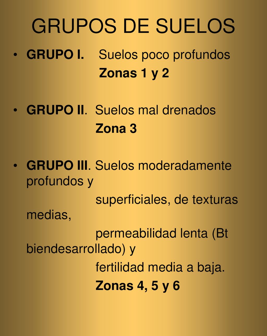 GRUPOS DE SUELOS GRUPO I. Suelos poco profundos Zonas 1 y 2
