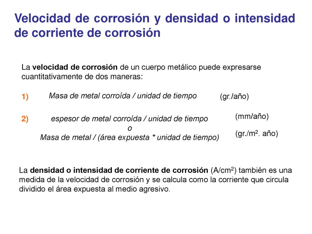 Velocidad de corrosión y densidad o intensidad de corriente de corrosión