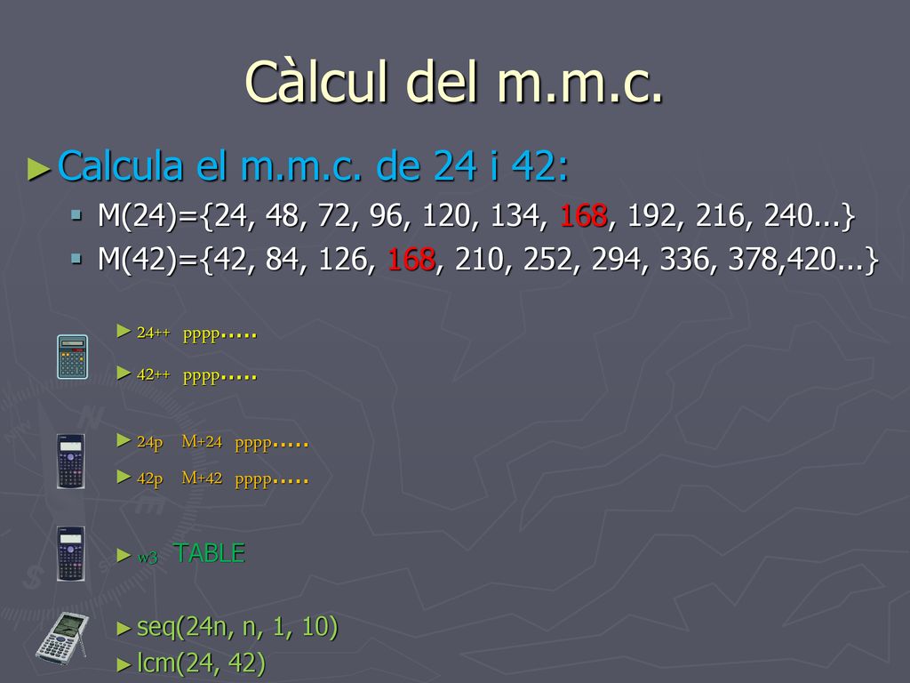 Càlcul del m.m.c. Calcula el m.m.c. de 24 i 42: