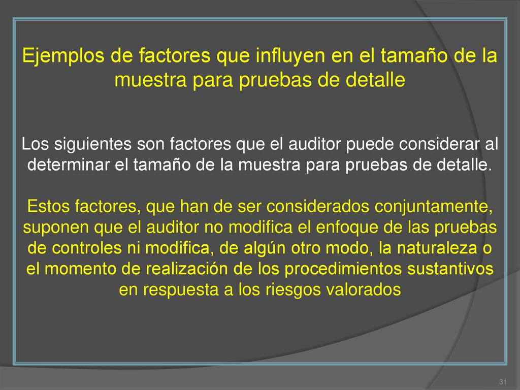 Ejemplos de factores que influyen en el tamaño de la muestra para pruebas de detalle