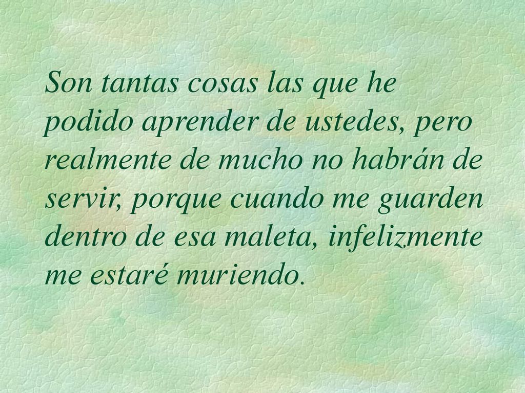 Son tantas cosas las que he podido aprender de ustedes, pero realmente de mucho no habrán de servir, porque cuando me guarden dentro de esa maleta, infelizmente me estaré muriendo.