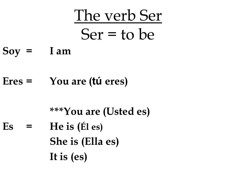 The verb Ser Ser = to be Soy = I am Somos = We are