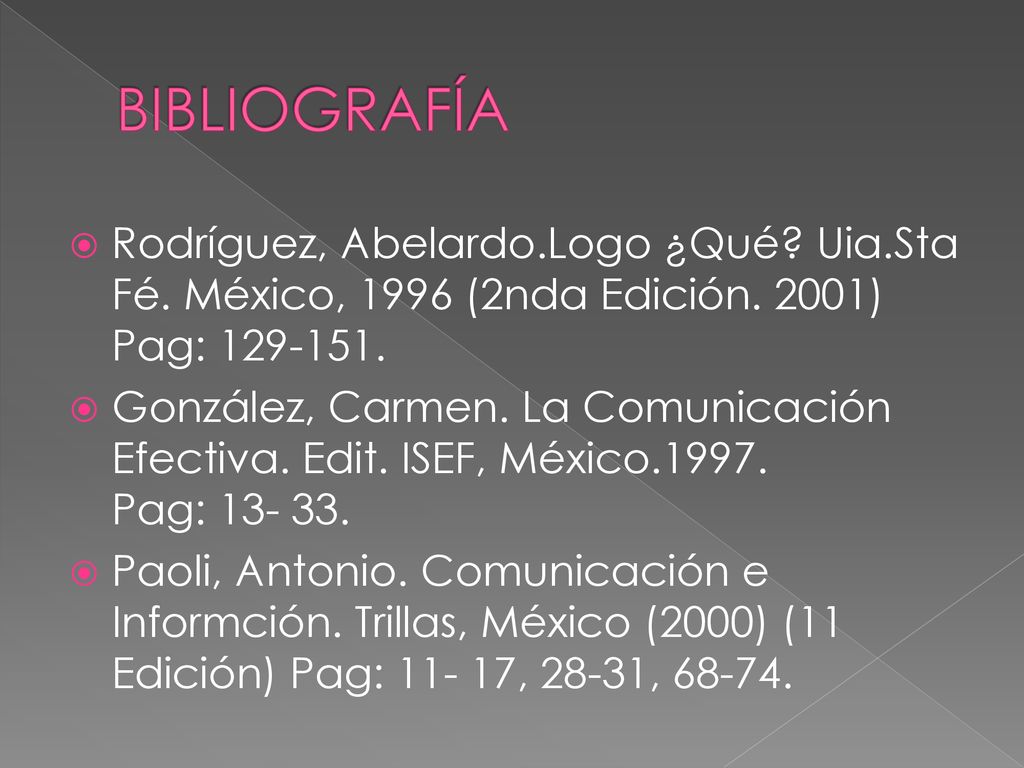 BIBLIOGRAFÍA Rodríguez, Abelardo.Logo ¿Qué Uia.Sta Fé. México, 1996 (2nda Edición. 2001) Pag: