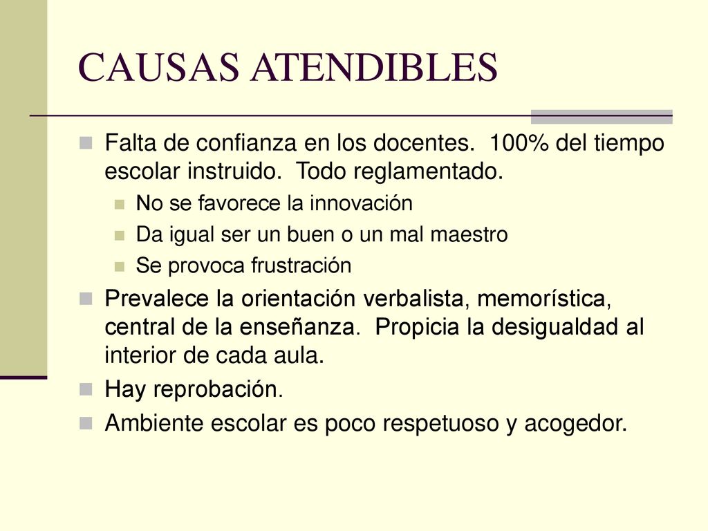 CAUSAS ATENDIBLES Falta de confianza en los docentes. 100% del tiempo escolar instruido. Todo reglamentado.