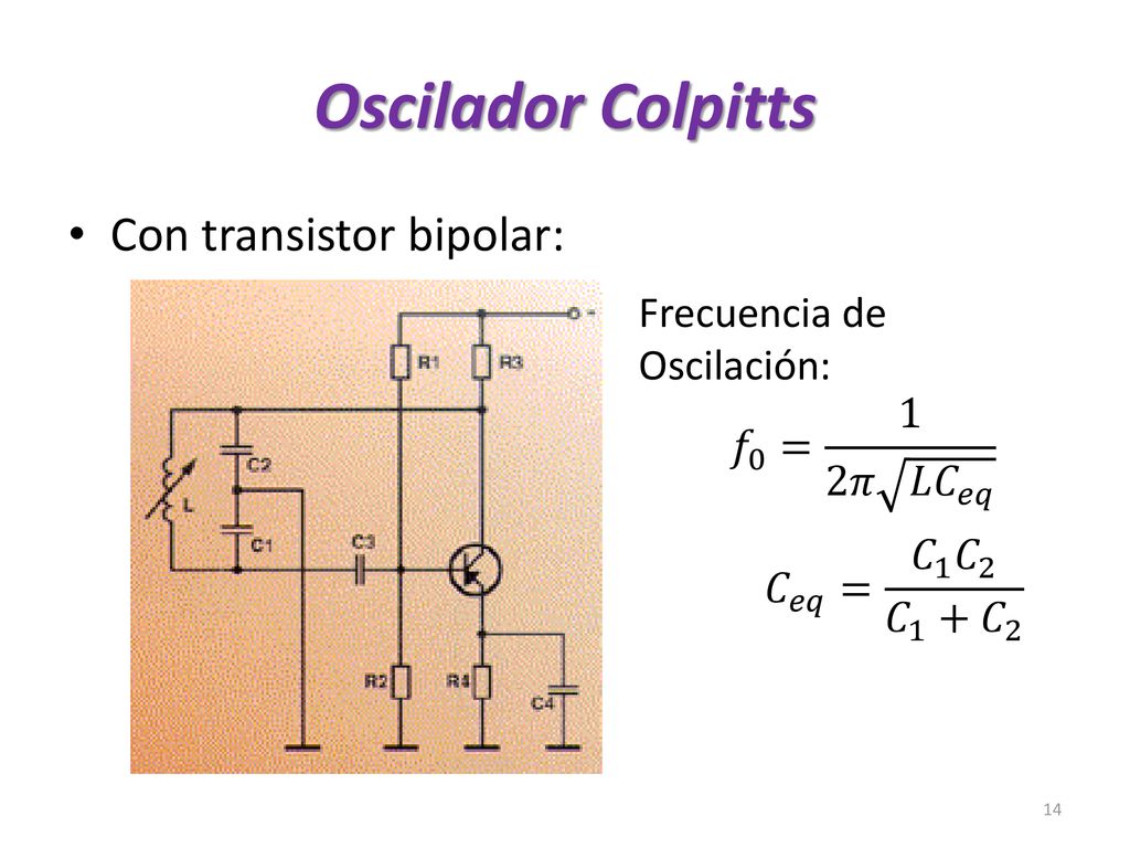 Oscilador Colpitts Con transistor bipolar: Frecuencia de Oscilación: