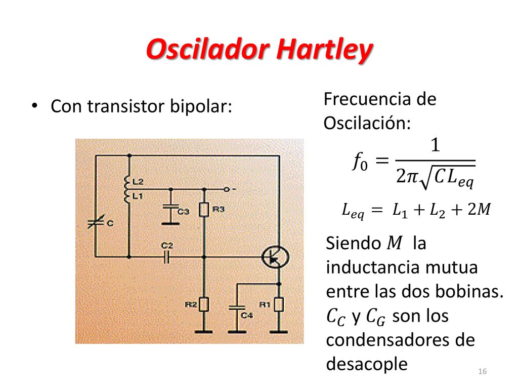 Oscilador Hartley Frecuencia de Oscilación: Con transistor bipolar: