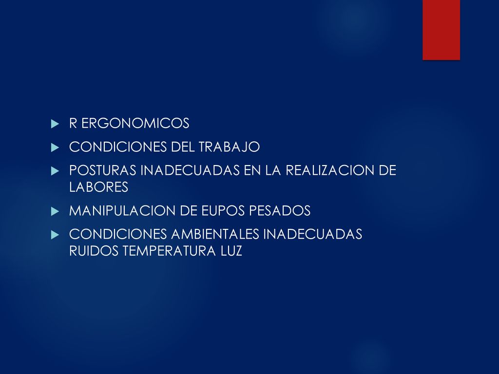 R ERGONOMICOS CONDICIONES DEL TRABAJO. POSTURAS INADECUADAS EN LA REALIZACION DE LABORES. MANIPULACION DE EUPOS PESADOS.