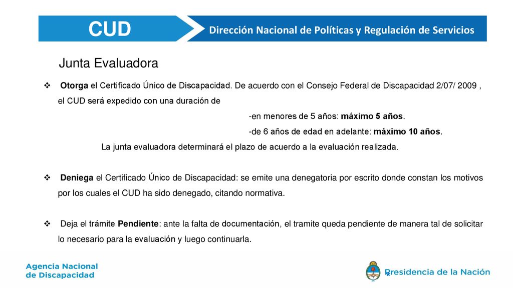 CUD Dirección Nacional de Políticas y Regulación de Servicios. Junta Evaluadora.