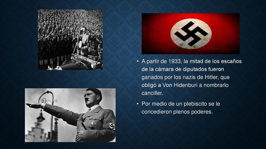 A partir de 1933, la mitad de los escaños de la cámara de diputados fueron ganados por los nazis de Hitler, que obligó a Von Hidenburi a nombrarlo canciller.