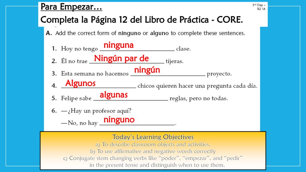 Para Empezar… Completa la Página 12 del Libro de Práctica - CORE.