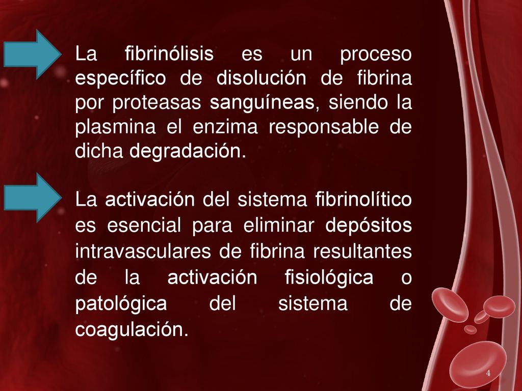 La fibrinólisis es un proceso específico de disolución de fibrina por proteasas sanguíneas, siendo la plasmina el enzima responsable de dicha degradación.