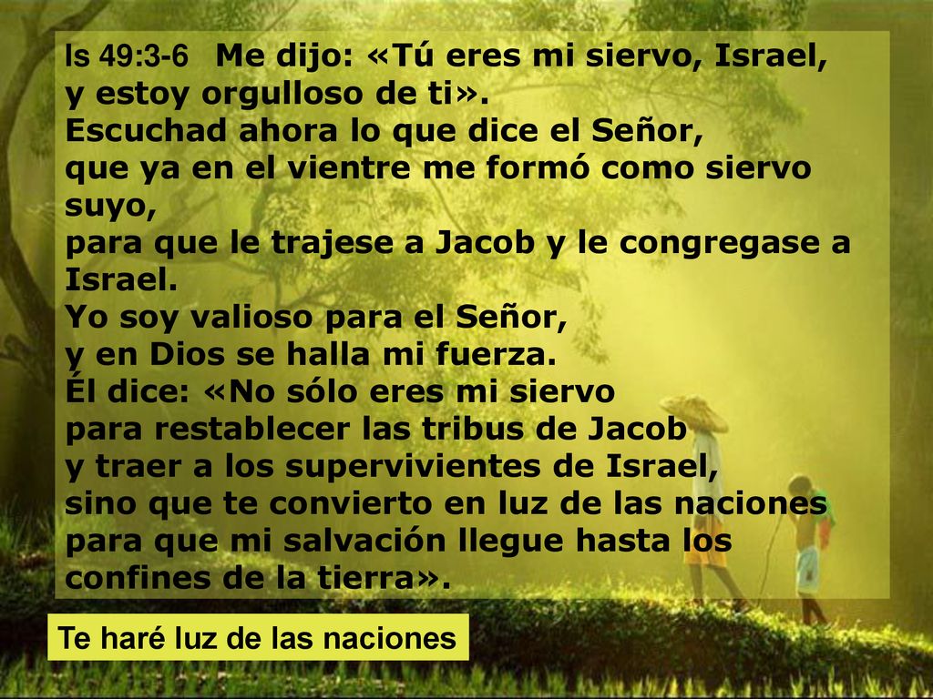 Is 49:3-6 Me dijo: «Tú eres mi siervo, Israel, y estoy orgulloso de ti». Escuchad ahora lo que dice el Señor, que ya en el vientre me formó como siervo suyo, para que le trajese a Jacob y le congregase a Israel. Yo soy valioso para el Señor, y en Dios se halla mi fuerza. Él dice: «No sólo eres mi siervo para restablecer las tribus de Jacob y traer a los supervivientes de Israel, sino que te convierto en luz de las naciones para que mi salvación llegue hasta los confines de la tierra».
