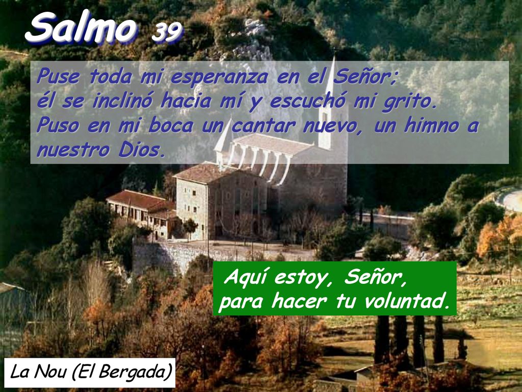 Salmo 39 Puse toda mi esperanza en el Señor; él se inclinó hacia mí y escuchó mi grito. Puso en mi boca un cantar nuevo, un himno a nuestro Dios.