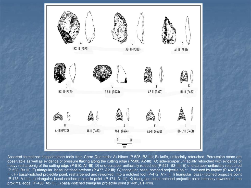 Assorted formalized chipped-stone tools from Cerro Quemado: A) biface (P-525, B3-III); B) knife, unifacially retouched.